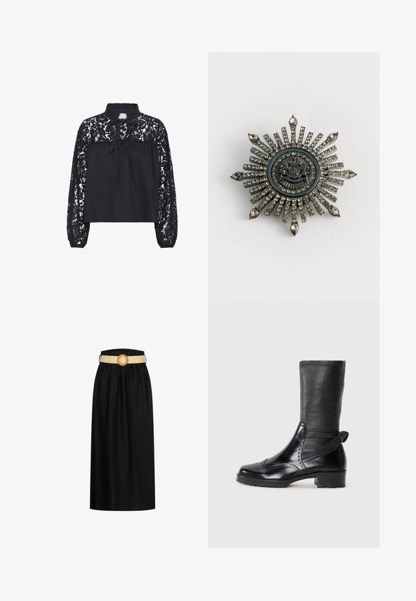 Blusa negra con mangas de encaje y un escote alto, con un cuerpo fruncido y un detalle de lazo en el cuello. Patrón de encaje texturizado.; Falda midi negra hecha de una tela suave, con una cinturilla elástica y un cinturón tejido beige con una hebilla circular.; Botín negro con parte superior de cuero suave, detalles de brogue, puntera redondeada y tacón bloque de altura media. Presenta un eje suave y texturizado.; Broche en forma de estrella en metal de tono plateado con rhinestones transparentes. El diseño central presenta un emblema circular con un detallado intrincado.