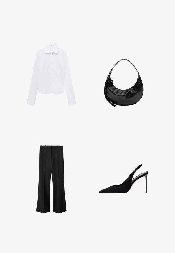 Witte cropped shirt met lange mouwen, een puntkraag en knopen aan de voorkant. Gemaakt van een gladde, lichte stof. Geen zichtbare patronen of accenten.; Zwarte wijde broek met een platte voorkant, riemlussen en twee zijzakken. Gemaakt van een gestructureerde stof, met een getailleerde pasvorm.; Zwarte suède slingback hoge hak met spitse neus, dunne hak en verstelbare band met een gouden accent.; Zwarte halfmaanvormige leren handtas met een korte riem en een ritssluiting met een leren zijtrekker.