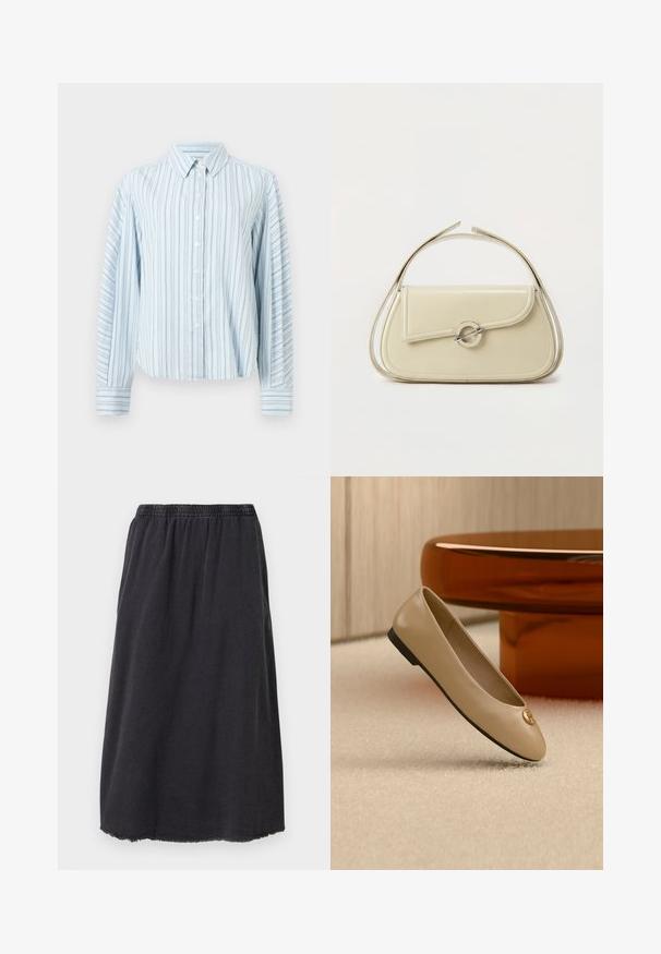Chemise boutonnée bleu clair avec fines rayures verticales bleu marine et manches longues, dotée d'un col pointu et de poignets boutonnés.; Jupe en coton noir avec une taille élastique, longueur genou, avec un ourlet effiloché et une silhouette droite simple.; Ballerine beige en cuir avec semelle noire et emblème doré sur l’orteil, positionnée sur un tapis crème à côté d’un meuble arrondi couleur ambre.; Sac à main en cuir crème avec rabat incurvé, fermoir circulaire en argent et poignée courte sur le dessus, sur fond blanc uni.