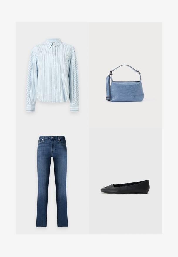 Lyseblå skjorte med knapper, lodrette tynde mørkeblå striber og lange ærmer, der har spids krave og knaplukning ved manchetterne.; Mørkeblå denimjeans med lige pasform, klassisk fem-lomme design, frontknaplukning og subtilt slid, der giver en brugt effekt.; Sort læder balletflad med en glat tekstur, afrundet tå og subtil dekorativ detaljering foran. Lav flad hæl.; Lyseblå taske med krokodillepræg, kort håndtag og aftagelig skulderrem. Glat tekstur med lynlås.