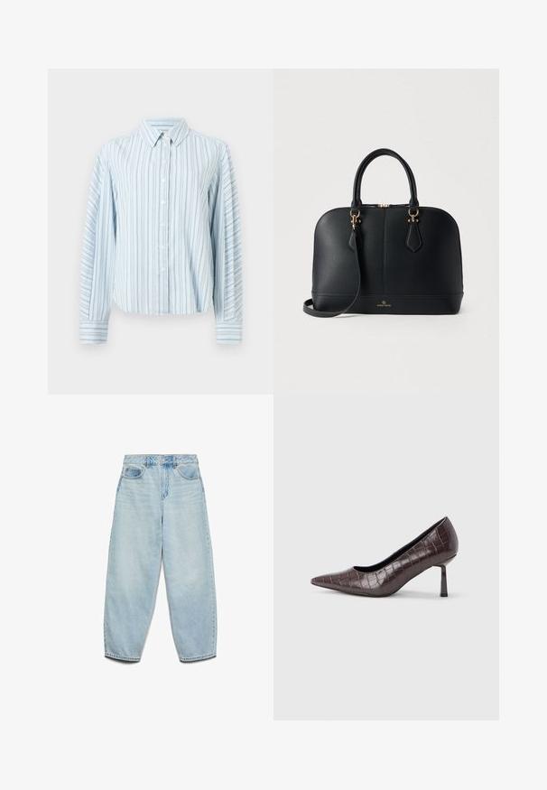 hele sinine nööpidega särk, millel on vertikaalsed peened tumesinised triibud ja pikad varrukad, terava krae ja nööbitavate mansettidega.; Heledad sinine denim naisest suits, millel on mugav lõige, kõrge talje ja laied jalad, kergelt kulunud tekstuuri ja klassikaline viie taskuga disain.; Pruunid kunstnahast kitsaste ninadega kontsad krokodillinahkse tekstuuriga, millel on peen ja nurkjas konts ning sile sisemine vooder.; Mustast tekstureeritud nahast käekott ümarate vormidega, kahekordsete käepidemetega, reguleeritava õlarihma, kuldsete detailide ja esiküljel reljeefse brändi logoga.