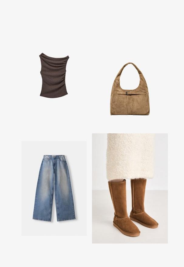 Bruin geribbeld mouwloos gebreid topje met geplooide details aan één zijde en een licht gedrapeerde halslijn, plat gelegd op een witte achtergrond.; Brede blauwe denim jeans met hoge taille en vervaagde details, plat gelegd op een witte achtergrond.; Knee-high bruine suède laarzen met een gladde textuur, voorzien van zijstiksels en een rubberen zool voor grip.; Bruine suède schoudertas met brede band, vooraan gespdetail en twee grote voorzakken tegen een witte achtergrond.