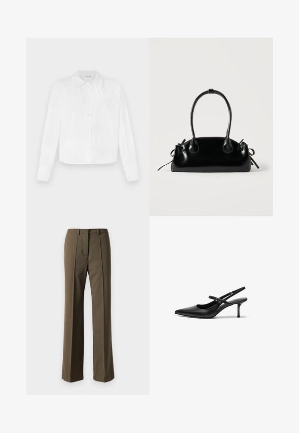Witte knoopsluiting shirt met een kraag, lange mouwen en een iets cropped ontwerp. Gemaakt van een gladde, lichte stof.; Bruine op maat gemaakte broek met een rechte pasvorm, geplooide voorkant en klassieke tailleband. Gemaakt van een zachte stof met een verfijnde afwerking.; Zwarte leren slingback hakken met een puntige neus, slanke verstelbare band en een ongeveer 5 cm hoge stiletto hak, met een gladde textuur.; Kleine zwarte glanzende handtas met twee lange hengsels en zijkant trekkoord details op een effen lichte achtergrond.