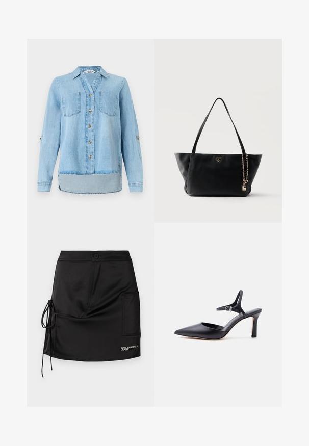 Helles blaues Jeanshemd mit langen Ärmeln, durchgehender Knopfverschluss vorne, zwei Brusttaschen und leicht abgerundetem Saum.; Schwarzer Satin-Minirock mit Knopfverschluss, seitlichem Bindetail und aufgesetzter Tasche mit "KARL LAGERFELD JEANS"-Markenaufdruck.; Schwarzer spitzer High Heel mit dünnem Knöchelriemen und silberner Schnalle, glatte Lederoberfläche, eleganter Damenschuh.; Schwarze Leder-Tote-Bag mit doppelten Griffen, dreieckigem Guess-Logo und goldener Kette mit Vorhängeschloss-Anhänger auf schlichtem Hintergrund.