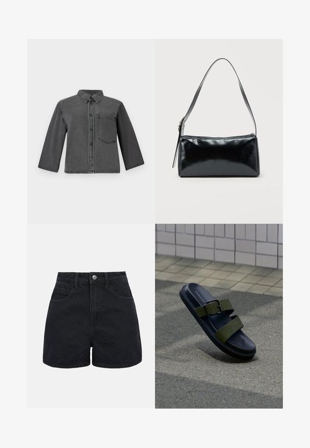 Grå denimskjorte med knaplukning foran, spidse krave og en enkelt brystlomme. Har lange ærmer og en afslappet pasform.; Sorte denimshorts med høj talje, frontknap, bæltestropper og to forlommer på en ensfarvet hvid baggrund.; Sort slidesandal med to olivengrønne stropper og en sølvfarvet spænde, hvilende på gråt asfalt nær flisebelagt fortovsvæg.; Sort rektangulær skuldertaske med en enkelt justerbar rem og lynlås i toppen på en ensfarvet baggrund.