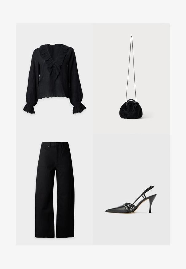 Zwarte blouse met lange mouwen, diepe V-hals, gerimpelde kraag, geschulpte randen en knoopdetails middenvoor.; Zwarte wide-leg jeans met hoge taille, vooraan een knoop en zakken, afgebeeld tegen een effen lichte achtergrond.; Zwarte leren hoge hak slingback schoen met spitse neus, crisscross bandontwerp en slanke stilettohak. Smooth textuur en minimale accenten.; Kleine zwarte handtas van namaakbont met gevlochten bovenhandvatten en lange dunne schouderriem op een effen achtergrond.