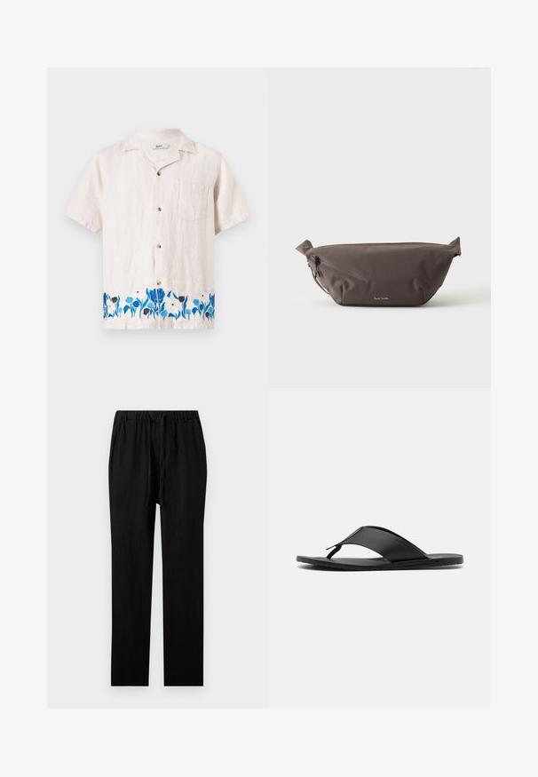 Chemise beige à manches courtes avec boutons sur le devant, poche poitrine et broderie florale bleue le long de l'ourlet inférieur.; Pantalon noir droit avec taille élastique et cordon, en tissu léger.; Stuart Weitzman BASTIAN - Sandales tongs - black; Sac banane en tissu marron foncé avec poche zippée en diagonale et petit logo blanc sur le devant, sur un fond clair uni.