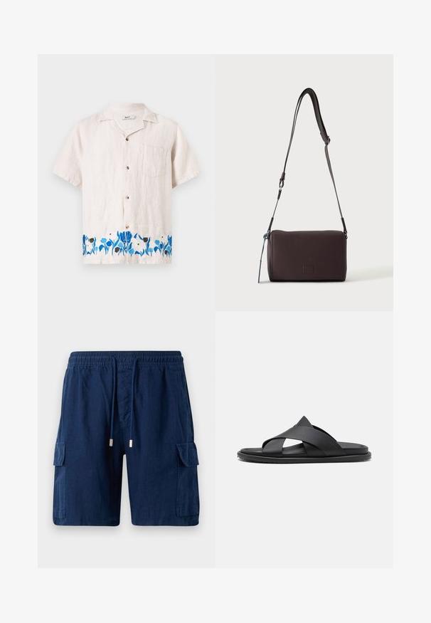 Beiges Kurzarmhemd mit Knöpfen vorne, Brusttasche und blauer Blumenstickerei am unteren Saum.; Marineblaue Cargo-Shorts aus leichtem Material, mit einem elastischen Bund und Kordelzug, zwei Seitentaschen und einer Beintasche.; Stuart Weitzman BERKLEY - Pantolette flach - black; Dunkelbraune, strukturierte Leder-Crossbody-Tasche mit verstellbarem Riemen und kleinem dekorativen blauen Akzent an der Seite.