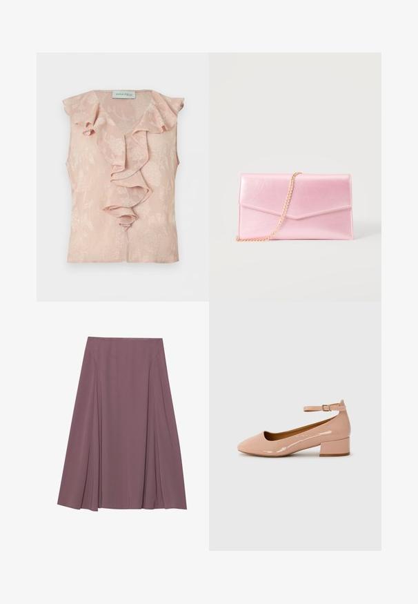 Mouwloze lichtroze blouse met bloemig jacquardpatroon en kantelende ruches aan de voorkant en langs de halslijn.; Een knie-lange rok in een gedempte mauve kleur, gemaakt van lichte stof met een geplooid design en een gladde textuur. Geen zichtbare sluitingen.; Patentleren roze ballerina met een ronde punt, enkelbandje en een lage blokhak. Gladde textuur en minimalistisch ontwerp.; Lichtroze rechthoekige clutch met envelopflap en een dun gouden schouderriempje tegen een effen achtergrond.