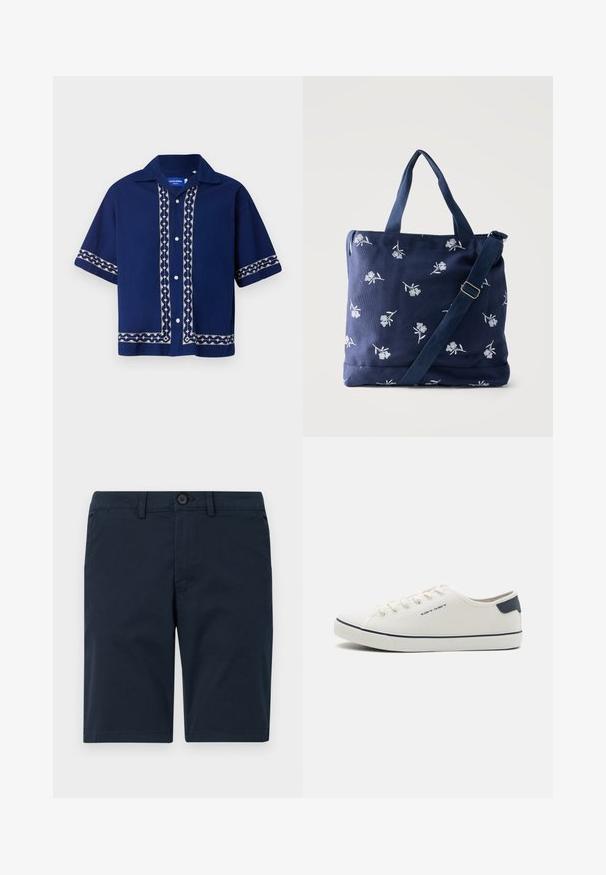Marineblaues Kurzarmhemd mit weißen gestickten Mustern entlang der Vorderseite, des Kragens und der Ärmel. Button-Down-Design mit entspanntem Schnitt.; Marineblaue Shorts aus Baumwollmischung, mit Knopfverschluss, Gürtelschlaufen und geradem Saum mit minimaler Gestaltung.; Leinen-Sneaker in Off-White mit marineblauen Akzenten, runde Spitze, Schnürdesign und strukturierten Gummisohle. Schlichte und klare Ästhetik.; Marineblaue Stofftragetasche mit weißer Blumenstickerei, zwei Griffen und verstellbarem Schultergurt vor einfarbigem Hintergrund.