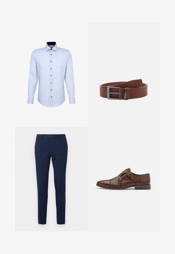 Lichtblauw overhemd met lange mouwen, donkere knopen en een contrasterende donkere binnenkraag, weergegeven op een witte achtergrond.; Marineblauwe pantalon met een rechte pijp, gemaakt van een gladde stof. Voorzien van een knoopsluiting aan de voorkant en twee zijzakken.; Bruine leren schoen met een slank ontwerp, voorzien van twee goudkleurige gespen, een puntige neus en een lage gestapelde hak.; Bruine leren riem met een gladde textuur, voorzien van een zilveren metalen gesp en een minimalistisch ontwerp. De riem heeft een ronde punt en nauwkeurige stiksels.