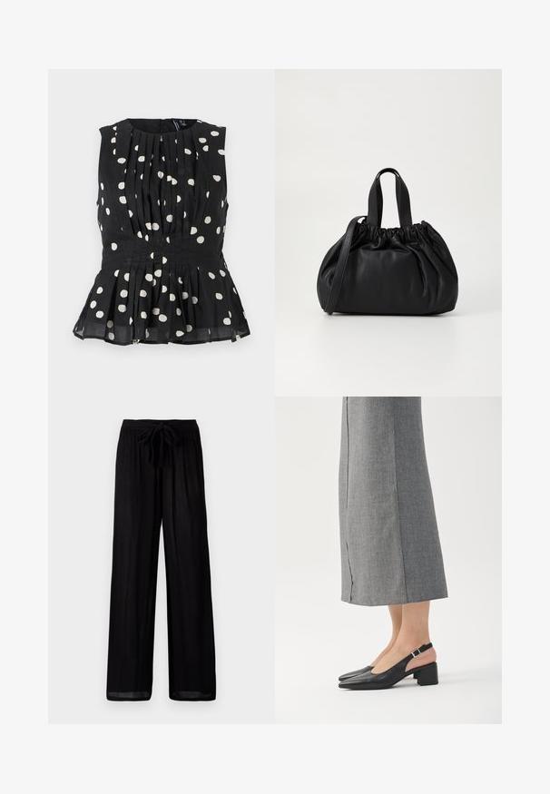 Sort ærmeløs top med hvide polkaprikker, der har plisseret design og peplum kant. Stoffet ser let og tekstureret ud. Lynlåslukning på bagsiden.; Sorte bukser med bred benvidde i et struktureret stof, med en knyttet talje og en afslappet pasform. Lenden er let gennemsigtig med en lige silhuet.; Sorte læder slingback sko med spids tå, blokhæl og kontrasterende lyserød hælafslutning. Glat tekstur med minimalistisk design.; Sort læderhåndtaske med en samlet topdesign, der har to korte håndtag og en lang justerbar rem. Glat overflade, rund form.