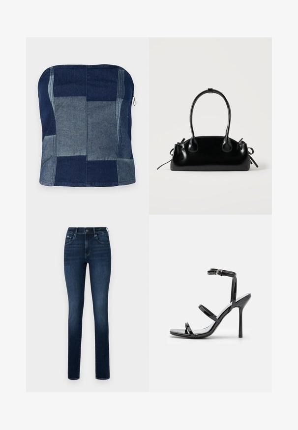 Denim top bez ramienok v námorníckej modrej farbe, obsahujúci patchworkový dizajn s rôznymi odtieňmi, hladkú textúru a detail so zipsom na boku.; Tmavomodré džíny vyrobené z denimu, so strihom rovného nohavíc, dizajnom s piatimi vreckami a gombíkovým zapínaním v páse.; Čierne lakované kožené sandále na vysokom opätku s tromi vodorovnými pruhmi a nastaviteľným popruhom okolo členku. Elegantný silueta a lesklý povrch.; Malá čierna lesklá kabelka s dvoma dlhými rúčkami a bočnými šnúrkovými detailmi na jednoduchom svetlom pozadí.