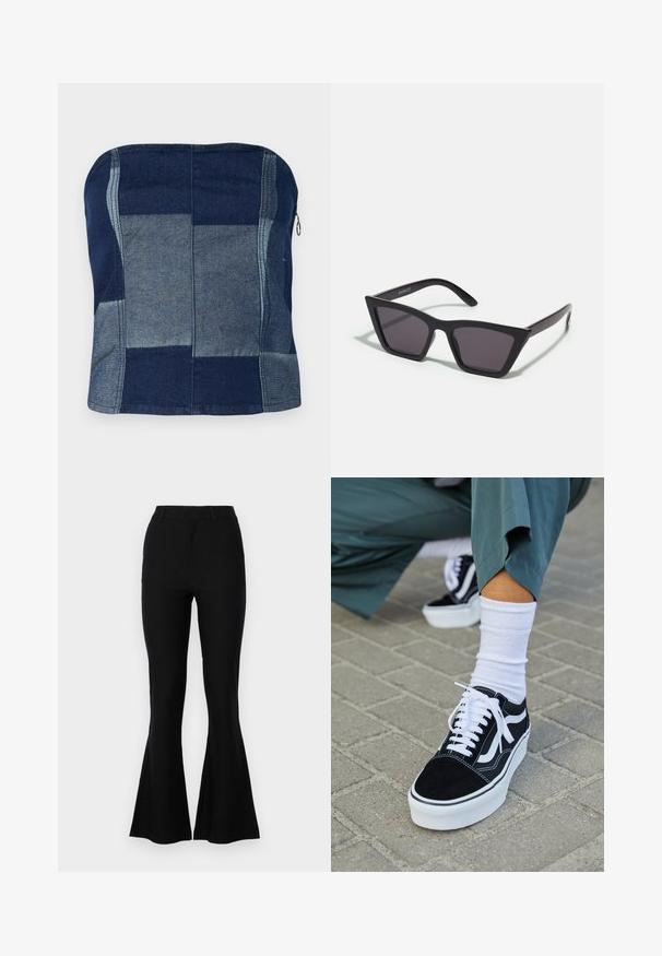 Tumesinist denim ilma õlakuubita top, millel on kokku pandud disain erinevates toonides, sile tekstuur ja külgzipper.; Mustad mustad püksid, valmistatud sileda kangaga, millel on istuv talje, sirged jalad ja laienev hem. Ei ole märgatavaid mustreid ega aktsente.; Mustjad sametist tennisjalanõud valgete aktsentide ja nööridega, millel on paks valge tald ja kontrastsed õmblused, koos valge sokiga.; Mustad mustrakellad, millel on hallid šabloonid; valmistatud plastist, paksude ja siledate kätega, ilma nähtava riistvarata.