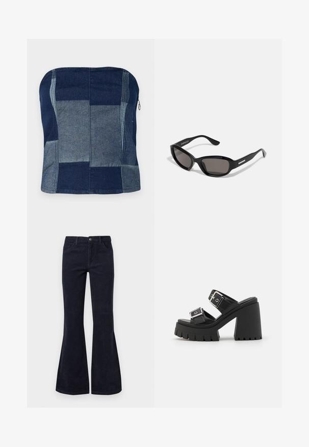 Denim top bez ramienok v námorníckej modrej farbe, obsahujúci patchworkový dizajn s rôznymi odtieňmi, hladkú textúru a detail so zipsom na boku.; Zúžené tmavomodré manšestrové nohavice majú vysoký pás, päť vreciek a zapínanie na gombík, s jemnou štruktúrou a ryhovaným povrchom.; Čierne platformové sandále s dvomi širokými popruhmi so striebornými kovovými prvkami, robustným vysokým podpätkom a textúrovanou gumovou podrážkou.; Čierne slnečné okuliare s obdĺžnikovým rámom, tmavými šošovkami, hladkým plastovým materiálom a kovovým akcentom na ramene.