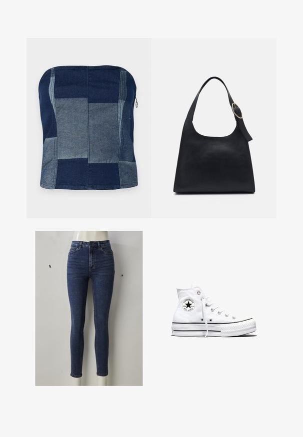 Top sin tirantes de denim en color navy, con un diseño de patchwork en tonos variados, una textura suave y un detalle de cremallera lateral.; Vaqueros pitillo de denim azul oscuro, de talle alto con una forma ajustada, que cuentan con bolsillos delanteros, cremallera y un sutil desgaste en los muslos.; Zapatilla blanca de caña alta Converse Chuck Taylor All Star con parche de logo negro y cordones blancos, presentada sobre fondo blanco.; Bolso tote de cuero negro con textura suave, cuerpo redondeado y una sola correa de hombro con un acento de hardware dorado circular.