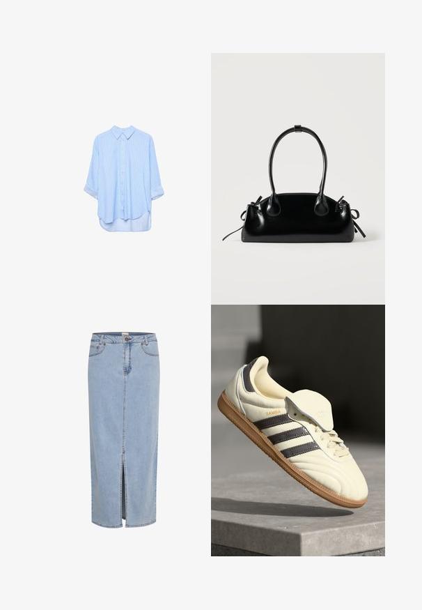 Hellblaues langärmliges Hemd mit dünnen weißen vertikalen Streifen und aufgerollten Ärmeln, auf weißem Hintergrund dargestellt.; Hellblaue Denim-Rock, knielang, mit einem Schlitz vorne, Gürtelschlaufen und einem metallischen Knopfverschluss mit kontrastierenden Nähten.; Cremfarbene Ledersneaker mit drei dunklen Streifen, einer braunen Gummisohle und einer abgerundeten Zehenpartie. Hat eine faltbare Zunge, die mit "SAMBA" beschriftet ist.; Kleine schwarze glänzende Handtasche mit zwei langen Griffen und seitlichen Kordelzug-Details vor einfachem hellem Hintergrund.