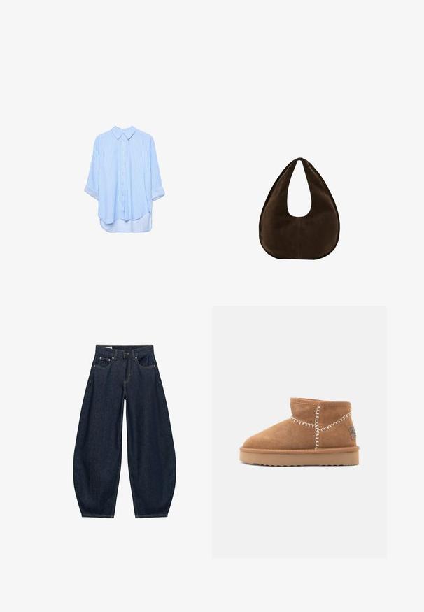 Lyseblå skjorte med lange ærmer, knapper og tynde hvide lodrette striber, med ærmerne rullet op, vist på en hvid baggrund.; Mørkeblå vidde jeans med frontlommer, bæltestropper og knaplukning i taljen.; Brune ruskinds ankelstøvler med rund tå, hvid dekorativ syning og en tan gummisål med et zigzag-mønster.; Mørkebrun ruskind skuldertaske formet som en halvmåne med en bred rem og glat tekstur på en hvid baggrund.