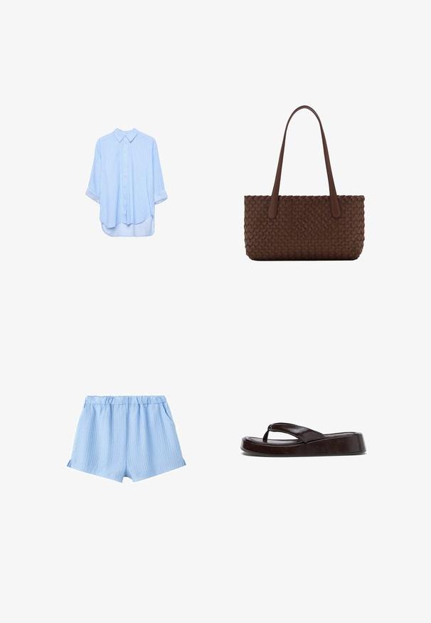 Chemise à manches longues bleu clair à boutons, avec de fines rayures blanches verticales et manches retroussées, présentée sur un fond blanc.; Shorts bleu clair à taille élastique avec des rayures blanches verticales et poches latérales.; Sandale tong plate-forme marron foncé avec semelle épaisse et rembourrée et larges sangles en cuir, vue de côté sur fond blanc.; Sac à main en cuir marron avec un motif tissé, avec deux longues anses fines pour un port à l'épaule.