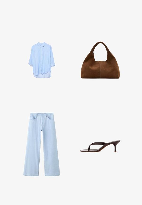 Chemise à manches longues bleu clair à boutons, avec de fines rayures blanches verticales et manches retroussées, présentée sur un fond blanc.; Jean bleu clair à jambes larges avec poches avant et passants de ceinture, présenté sur un fond blanc.; Sandale à talon en cuir verni noir avec bride entre les orteils et un talon petit kitten élancé de hauteur moyenne, vue de côté sur fond blanc.; Sac hobo en daim marron avec une anse large et arrondie et une forme souple et décontractée sur un fond blanc.