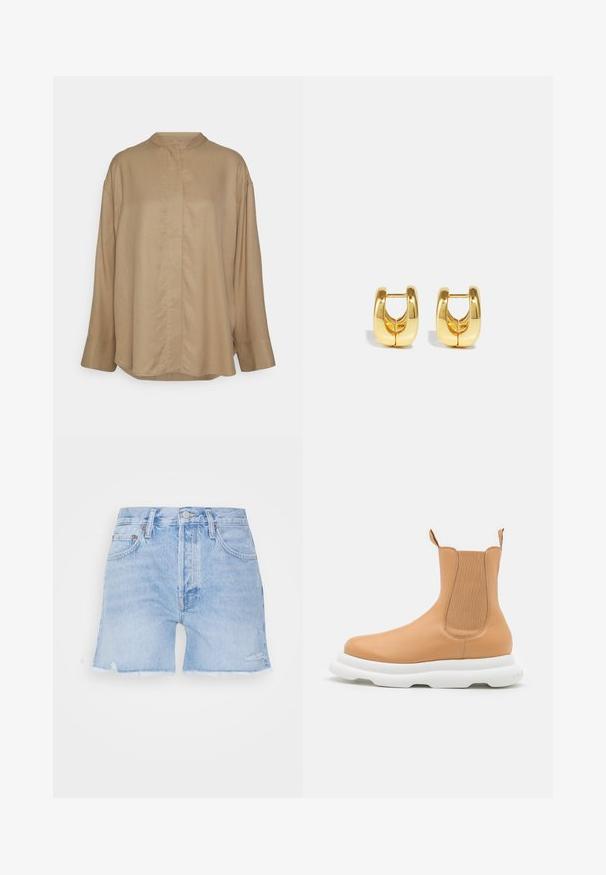 Libertine-Libertine IRON - Chemisier - tan; Shorts en denim bleu clair avec un ourlet effiloché. Dispose d'un design classique à cinq poches, fermeture à bouton et légères zones de décoloration sur le tissu.; A.W.A.K.E. MODE CASUAL ARIANA BOOT - Bottines à plateau - beige/white; Boucles d'oreilles en or avec un design élégant et arrondi. Présentent un centre creux et une surface brillante, complétant les styles modernes.