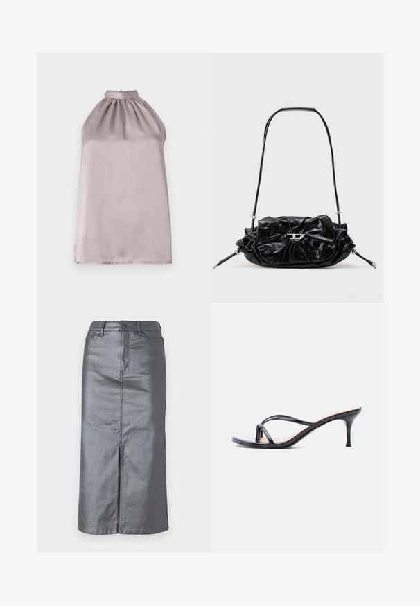 Top sin mangas con cuello halter en satén púrpura claro, con detalles fruncidos en el escote y una textura suave y ligeramente reflectante.; Falda de mezclilla gris metálico con forma recta, abertura frontal, diseño de cinco bolsillos y cierre de botón en la cintura. Se pueden ver las costuras planas.; Sandalia de tacón de charol negro con tiras finas cruzadas y un tacón de aguja delgado de altura media, sobre un fondo blanco.; Bolso de mano de cuero negro con diseño fruncido y detalle de lazo en la parte frontal. Cuenta con un asa corta y detalles metálicos en color plata.