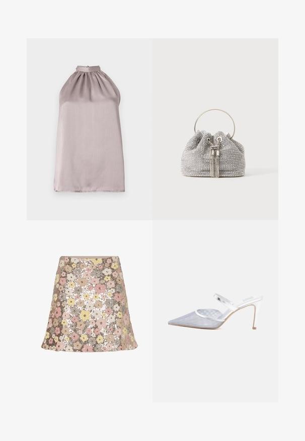 Halternektop zonder mouwen in licht mauve satijn met geplooide details bij de halslijn en een gladde, licht reflecterende textuur.; Bloemige paillettenrok met een uitlopende vorm. Kleuren zijn roze, geel, beige en grijs met een gestructureerd, glinsterend oppervlak.; Zilverkleurige mule met puntige neus, hoge hak, twee dunne riempjes en stilettohak op een witte achtergrond.; Kleine zilveren avondtas bedekt met fonkelende strass-steentjes met een ronde metalen handgreep en twee decoratieve kwastjes aan de voorkant.