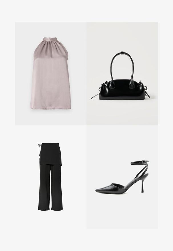 Top sin mangas con cuello halter en satén púrpura claro, con detalles fruncidos en el escote y una textura suave y ligeramente reflectante.; Pantalones negros de pierna ancha con un diseño en capas y lazo lateral. Hechos de una tela suave y lisa, con un corte simple y limpio.; Zapato de tacón alto negro de punta fina con delgadas correas en el tobillo y cierre de hebilla plateada sobre un fondo liso claro.; Pequeño bolso negro brillante con dos asas largas y detalles de cordón lateral sobre un fondo claro liso.