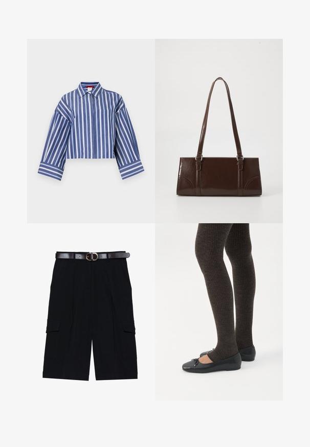 Blå og hvide lodrette striber på cropped skjorte med lange, vide ærmer og spids krave på hvid baggrund.; Sorte cargo shorts lavet af letvægtsstof, med lige snit, sidelommer og et brunt læderbælte med en sølvspænde.; Ben iført mørke ribbede leggings kombineret med sorte balletsko med små sløjfedetaljer på hvid baggrund.; Brun lakeret håndtaske med rektangulær form, to lange håndtag og subtile buede detaljer på fronten.