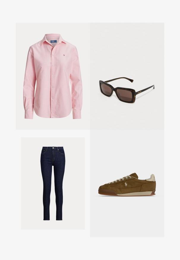 Lyserød langærmet skjorte med knapper og krave samt lille broderet logo på venstre bryst fra Polo Ralph Lauren.; Mørkeblå skinny jeans lavet af denim. Har høj talje, forlommer og en lille metallknap ved åbningen. Ren finish.; Brun ruskind sneaker med cremefarvede snørebånd, tyk sål og et lille hvidt broderet logo på siden.; Skildpaddebrune solbriller med en tykk, rektangulær ramme og brune tonede linser. Har guld "RALPH" branding på siden.