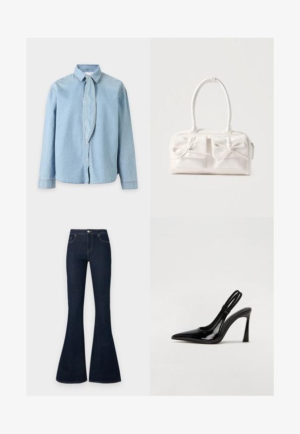 Hellblaue Denim-Bluse mit langem Arm, spitzem Kragen und schmalem Stoffband-Detail am Halsausschnitt, vorne geknöpft.; Dunkelblaue High-Waist-Denim-Jeans mit ausgestellten Beinen, vorderem Knopf- und Reißverschluss sowie fünf Taschen.; Schwarze Lackleder Slingback-Pumps mit spitzem Zehenbereich, schlankem hohen Absatz und doppeltem elastischen Riemen für einen sicheren Sitz. Glatte, glänzende Oberfläche.; Weiße synthetische Handtasche mit zwei vorderen Taschen, jeweils mit einer gebundenen Schleifendekoration. Glatte Textur, abgerundete Griffe und Reißverschluss.