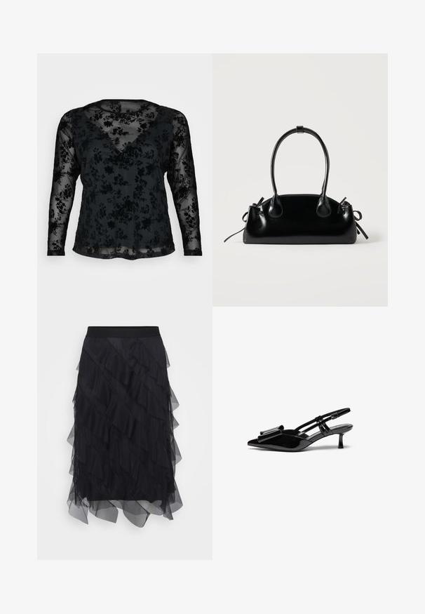 Schwarze Bluse mit langen Ärmeln, die ein Blumenmuster auf transparenter Stoff zeigt, V-Ausschnitt und lockere Passform. Weiche Textur mit geschichteter Gestaltung.; Schwarzer Tüllrock mit geschichteten Rüschen, einem elastischen Bund und einer fließenden Silhouette. Die durchsichtige Textur sorgt für Leichtigkeit und Bewegung.; Schwarze Lackleder-Slingbacks mit spitzer Zehenpartie, einer Schleifendetail an der Vorderseite und einem kleinen Stiletto-Absatz. Die Riemen haben verstellbare Schnallen.; Kleine schwarze glänzende Handtasche mit zwei langen Griffen und seitlichen Kordelzug-Details vor einfachem hellem Hintergrund.