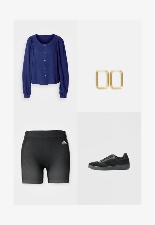 Blusa de botonadura en azul marino con mangas largas, tela texturizada, cuello redondo y cierre frontal de cinco botones. Ajuste suave y relajado.; Bermudas deportivas negras con una tela texturizada, con una cinturilla elástica y un pequeño logotipo blanco de Adidas en la parte superior izquierda.; Zapatillas negras de ante y piel de pelo con suela de goma texturizada. Presentan un diseño de cordones y sutiles acentos en panel.; Pendientes de aro de metal dorado con forma cuadrada, bordes suaves y un acabado pulido, que reflejan la luz con una superficie brillante.