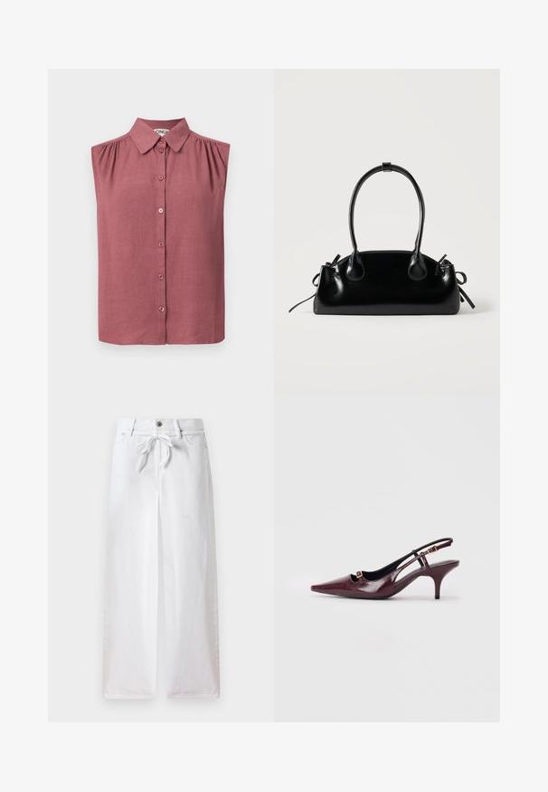 Top sin mangas con botones y cuello en rosa polvo, con leves fruncidos en las costuras de los hombros y un dobladillo recto.; Pantalones anchos de algodón de color blanco. Presentan un lazo ajustable en la cintura y un cierre con botón. Textura suave con un diseño minimalista.; Zapatos de tacón en color burdeos con punta afilada, acabado de cuero brillante, pequeño corte en la parte delantera y un delgado tacón de aguja con acentos dorados.; Pequeño bolso negro brillante con dos asas largas y detalles de cordón lateral sobre un fondo claro liso.