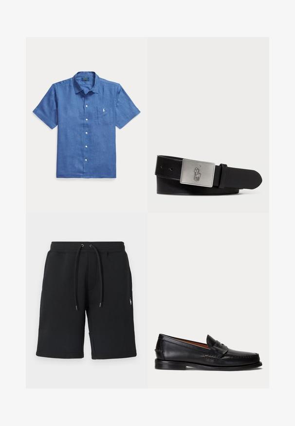 Kortærmet blå skjorte med knapper, krave og brystlomme med lille hvidt broderet logo.; Sorte sweatshorts lavet af blødt stof, med snøre i taljen med metalender og en lille logo på benet. Glat tekstur, designet til komfort.; Sort læderloafer med lav hæl og pennyremdetalje, vist fra siden på en lysegrå baggrund.; Sort læderbælte med en rektangulær sølvmetalspænde med et præget hestebuddy-logo, glat tekstur og fem hul til spænde.
