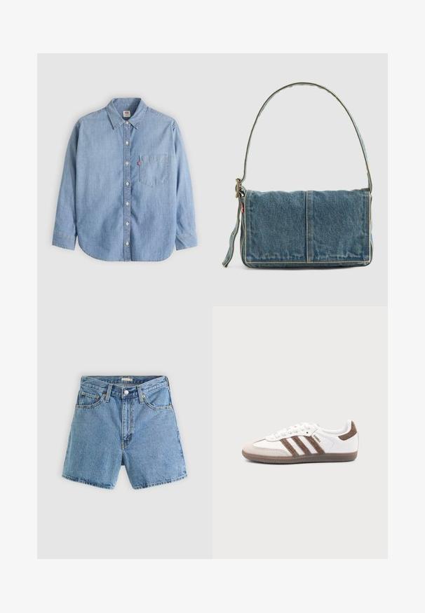 Svetlomodrá denimová košeľa s golierom na gombíky, predným vreckom a dlhými rukávmi. Má zakrivený lem a jemnú textúru.; Svetlomodré džínové kraťasy s predným gombíkom a zipsom, s pútkami na opasok a dizajnom s piatimi vreckami na jednoliatom pozadí.; Biele tenisky Adidas Samba s hnedými semišovými pruhmi, hnedou gumovou podrážkou a béžovým semišovým špicom, zobrazené z vonkajšej strany na jednofarebnom pozadí.; Denimová taška na rameno s prehnutým dizajnom, svetlo modrej farby, s viditeľným prešívaním, nastaviteľným popruhom a bočným štítkom ako akcentom.