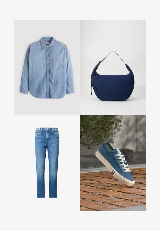 Chemise en denim bleu clair avec col boutonné, poche avant et manches longues. Caractérisée par un ourlet arrondi et une texture subtile.; Jean en denim bleu clair avec une coupe droite, cinq poches, une fermeture à bouton et à zip, et une légère décoloration sur les cuisses.; Baskets en toile bleue avec lacets et semelle blanches, flottant au-dessus d'un sol extérieur en bois et motif de galets.; Sac à épaule en denim bleu avec une forme arrondie, une bandoulière ajustable, une fermeture éclair et une texture subtile. Présente un design minimaliste et sans quincaillerie visible.