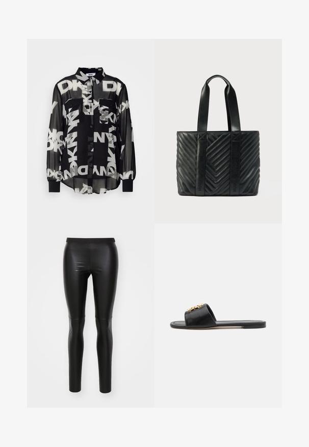Chemise noire transparente à boutons avec de grands logos blancs DKNY, deux poches avant et des poignets élastiques sur les longues manches. Tissu léger.; Leggings noirs en matériau lisse et extensible avec une taille haute. Design ajusté, construction sans couture et sans poches visibles.; Sandales slides en cuir noir avec un bout ouvert, une semelle plate et un accent décoratif en or sur le dessus. Texture lisse avec un design minimal.; Sac cabas matelassé noir avec un motif chevron, équipé de poignées plates et d'un logo embossé sur les côtés. Fabriqué en cuir lisse.