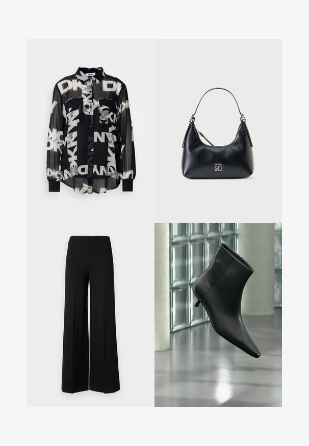 Camisa transparente negra de botones con logotipos blancos audaces de DKNY, dos bolsillos frontales y puños elásticos en las mangas largas. Tejido ligero.; Pantalones de pierna ancha negros con una textura suave, que presentan una cinturilla alta y sin cierres visibles. Diseño simple y limpio.; Botín negro de cuero con punta puntiaguda y tacón bajo estilo kitten, mostrado en ángulo sobre un suelo pulido y con una pared de bloques de vidrio de fondo.; Bolso de hombro de cuero negro con un solo asa, cierre de cremallera y un pequeño logo cuadrado plateado en la parte delantera.