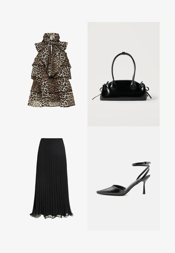 Mouwloze jurk met animal print, tiered ruffles en een grote strik geknoopt bij de hoge kraag.; Zwarte geplisseerde maxi rok van lichtgewicht stof met een vloeiende ontwerp. Voorzien van een gerimpelde zoom en een elastische tailleband voor comfort.; Zwarte pumps met puntige neus, dunne enkelbandjes en een zilveren gesp op een effen lichte achtergrond.; Kleine zwarte glanzende handtas met twee lange hengsels en zijkant trekkoord details op een effen lichte achtergrond.