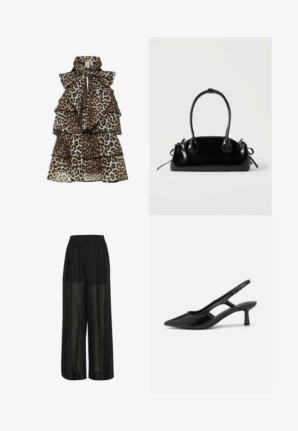 Robe sans manches en imprimé léopard avec des volants superposés et un grand nœud attaché au col haut.; Pantalons larges noirs en tissu transparent, avec une taille élastique et un cordon de serrage pour un ajustement réglable et une texture lisse.; Escarpins noirs à talon ouvert avec un embout pointu, fabriqués en matériau brillant, présentant des accents découpés et un talon modéré pour un bon soutien.; Petit sac à main noir brillant avec deux longues anses et des détails à cordon sur les côtés sur un fond clair uni.