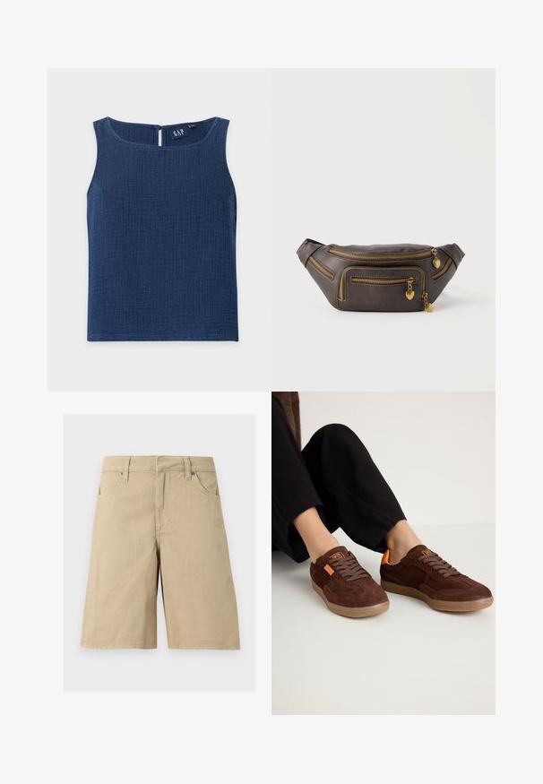 Mouwloze donkerblauwe getextureerde top met ronde halslijn en kleine knoopsluiting achter, merketiket zichtbaar aan de binnenkant.; Beige katoenen shorts tot op de knieën met riemlussen, voorzakken en een ritssluiting op een witte achtergrond.; Bruine suède sneakers met een ronde neus, textuur bovenkant en oranje accenten. Voorzien van platte veters en een rubberen zool.; Donkerbruine leren heuptas met meerdere gouden ritsen, elk voorzien van een klein hartvormig bedelhangertje.