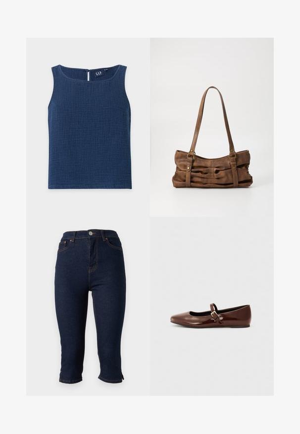 Haut bleu marine texturé sans manches avec encolure ronde et petite fermeture à bouton dans le dos, étiquette de marque visible à l'intérieur.; Jean skinny court en denim bleu foncé avec fermeture frontale par boutons et surpiqûres orange, présenté sur fond blanc.; Ballerine en cuir verni marron avec un bout carré et une lanière ornée d'une petite boucle dorée. Texture lisse, talon bas et design minimaliste.; Even&Odd by Zalando Sac à main - brown