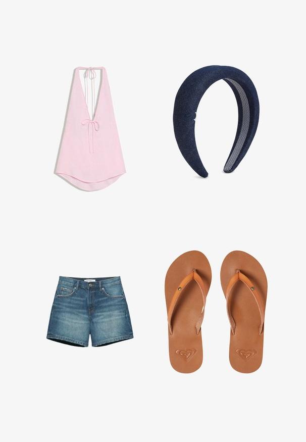 Lyserød ærmeløs haltertop med dyb V-udskæring og bindesløjfer ved hals og foran, med en let buet kant.; Blå denimshorts med frontknap, lynlås, bæltestropper og fem-lommes design, der viser let falmede vaskedetaljer.; Brune syntetiske klipklapper med orange stropper, tekstureret overflade og præget hjerte-logo detalje på sålen.; Polstret mørkeblå stofhovedbøjle med en let struktureret overflade og en blød, stribet indvendig foring.