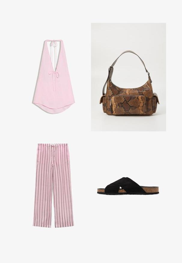 Top dos nu rose clair avec un profond décolleté en V et des liens au niveau du cou et à l'avant, avec un ourlet légèrement arrondi.; Pantalons larges à rayures roses avec des rayures verticales noires et grises. Fabriqués en tissu léger, dotés d'une taille élastique pour plus de confort.; Sandale à glissière en suède noir avec un semelle intermédiaire en liège, présentant un design entrecroisé et une surface texturée. La semelle est plate avec un motif de traction subtil.; Sac à main en imitation serpent marron avec une surface texturée, un design arrondi, une bandoulière unique et une poche zippée à l'avant.