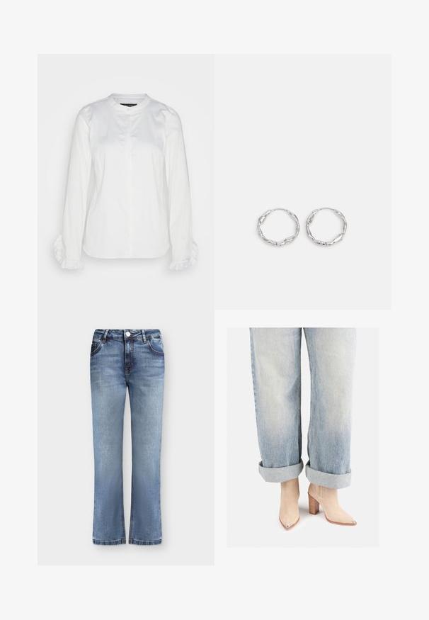 Weißes Hemd mit Knopfleiste aus glattem Stoff, mit rundem Ausschnitt und Rüsche an den Ärmeln. Klassisches Design mit langen Ärmeln.; Blaue Jeans aus Denim mit geradem Bein, vorderem Knopf- und Reißverschluss sowie klassischem Fünf-Taschen-Design.; Beige Wildleder-Ankle-Boots mit einer spitzen Zehenpartie und metallicfarbenem Absatz, kombiniert mit hellblauen hochgekrempelten Jeans.; Silberne Creolen mit einer welligen, unregelmäßigen Textur. Besitzen eine dünne, kreisförmige Form und eine reflektierende Oberfläche.