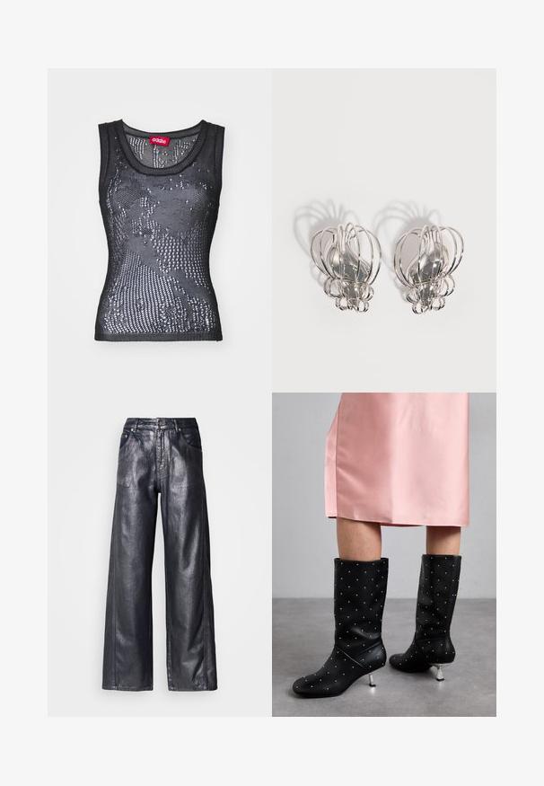 Sort mesh tanktop med rund halsudskæring og et mønster af små huller. Labeledet indeni siger "032c." Materialet virker let og tekstureret.; Metallic sorte vide jeans lavet af denim. Har to forlommer, en knaplukning og en struktureret glans på stoffet.; Sorte knæhøje støvler lavet af glat materiale, med et subtilt nittermønster og sølvfarvet hæl. Sat sammen med en lyserød satin kjole.; Par sølvøreringe i metal med åbent trådburdesign og glatte, centrale ovale former, der kaster buede skygger på en hvid baggrund.