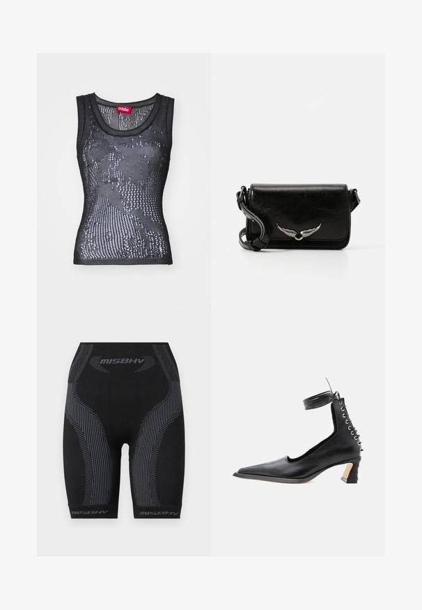 Sort mesh tanktop med rund halsudskæring og et mønster af små huller. Labeledet indeni siger "032c." Materialet virker let og tekstureret.; Sorte atletiske shorts med en tætsiddende pasform, struktureret stof, lodrette grå striber og "MISBHV" logo ved kanten.; Sort lavhælet lædersko med spids tå, snøredetalje bagpå og ankelrem mod en ensartet hvid baggrund.; Sorte læder crossover taske med klapdesign, der har sølvvinge detaljer og en struktureret overflade. Justerbar rem inkluderet.