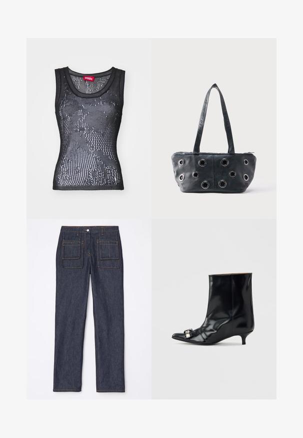 Débardeur en maille noire avec un col rond et un motif de petits trous. L'étiquette intérieure indique "032c". Le matériau semble léger et texturé.; Jean en denim bleu marine avec une coupe droite, dotés de deux poches arrière et de surpiqûres orange contrastantes.; Bottine en cuir noir avec bout pointu, petit talon kitten bas et boucle décorative en argent sur le côté près de l'orteil.; Sac à main en cuir noir avec deux poignées et plusieurs œillets en métal argenté sur le panneau avant, posé sur un fond clair uni.