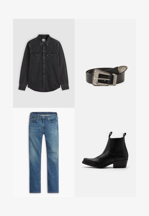 Sort langærmet denimskjorte med spids krave, knaplukning foran og to knappede brystlommer på ensfarvet lys baggrund.; Blå straight-leg denim jeans med frontknap og lynlåslukning, fem-lomme design og subtilt falmede områder på lår og knæ.; Kentucky's Western Cowboy- / bikerstøvlette - black; Sort læderbælte med en udsmykket sølvspænde med indviklede graveringer og en dekorativ spids, der fremhæver tekstur og håndværk.